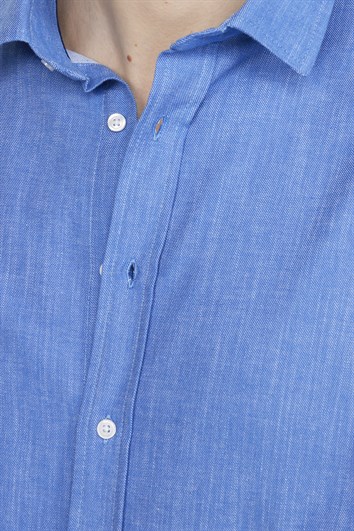 Erkek Slim Fit Dar Kesim Uzun Kollu %100 Pamuk Keten Doku Düz Biyeli Mavi Gömlek