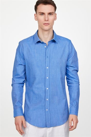 Erkek Slim Fit Dar Kesim Uzun Kollu %100 Pamuk Keten Doku Düz Biyeli Mavi Gömlek