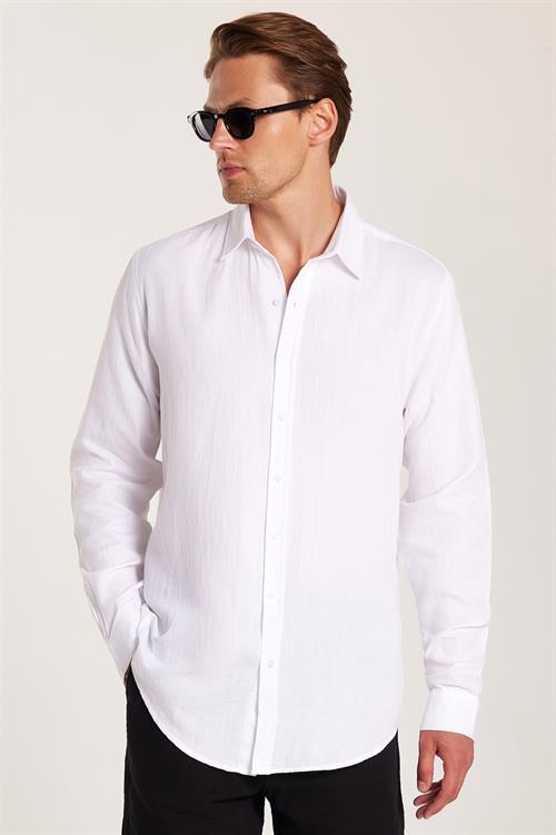 Erkek Slim Fit Dar Kesim Uzun Kollu %100 Pamuk Keten Doku Düz Biyeli Beyaz Gömlek