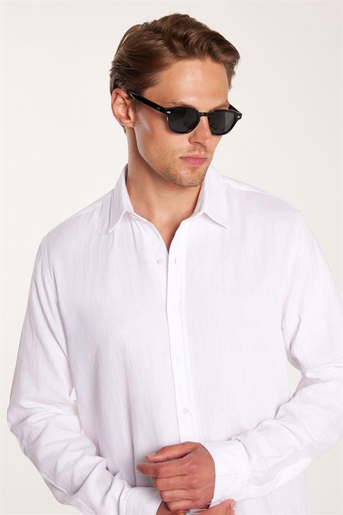 Erkek Slim Fit Dar Kesim Uzun Kollu %100 Pamuk Keten Doku Düz Biyeli Beyaz Gömlek