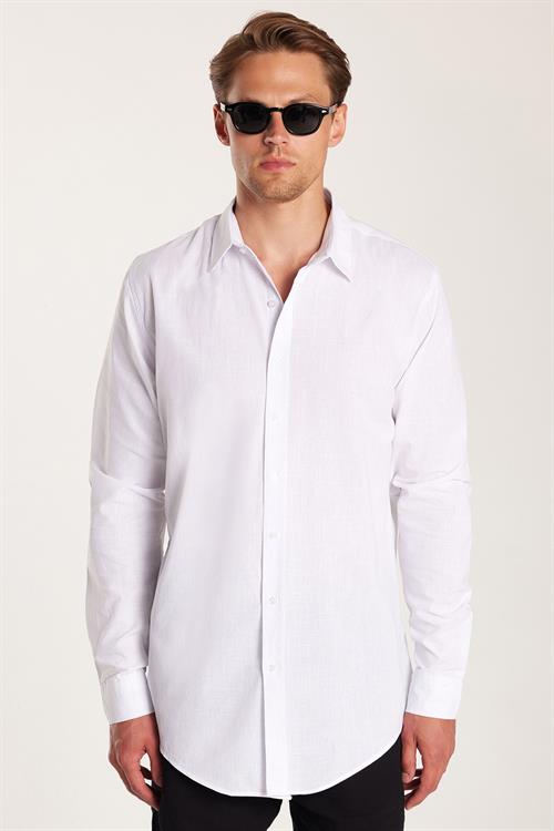 Erkek Slim Fit Dar Kesim Uzun Kollu %100 Pamuk Keten Doku Düz Biyeli Beyaz Gömlek