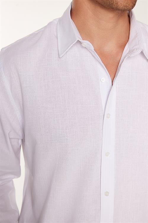 Erkek Slim Fit Dar Kesim Uzun Kollu %100 Pamuk Keten Doku Düz Biyeli Beyaz Gömlek