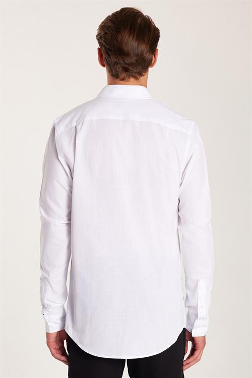 Erkek Slim Fit Dar Kesim Uzun Kollu %100 Pamuk Keten Doku Düz Biyeli Beyaz Gömlek