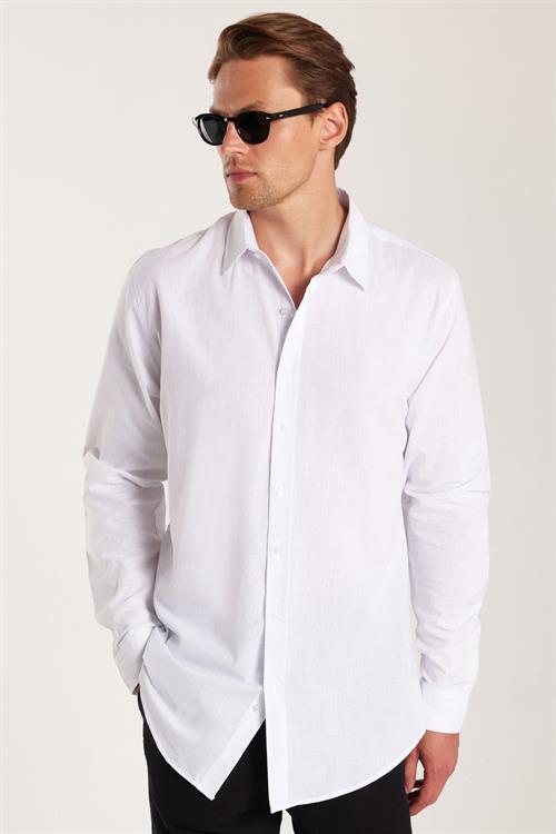 Erkek Slim Fit Dar Kesim Uzun Kollu %100 Pamuk Keten Doku Düz Biyeli Beyaz Gömlek