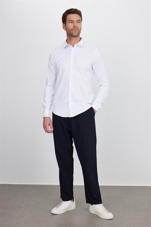 Slim Fit Uzun Kollu Likralı Düz Stretch Beyaz Erkek Gömlek