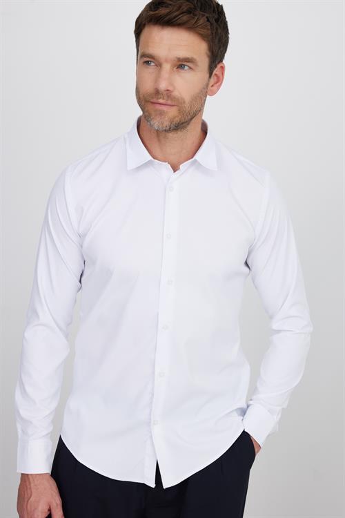 Slim Fit Uzun Kollu Likralı Düz Stretch Beyaz Erkek Gömlek