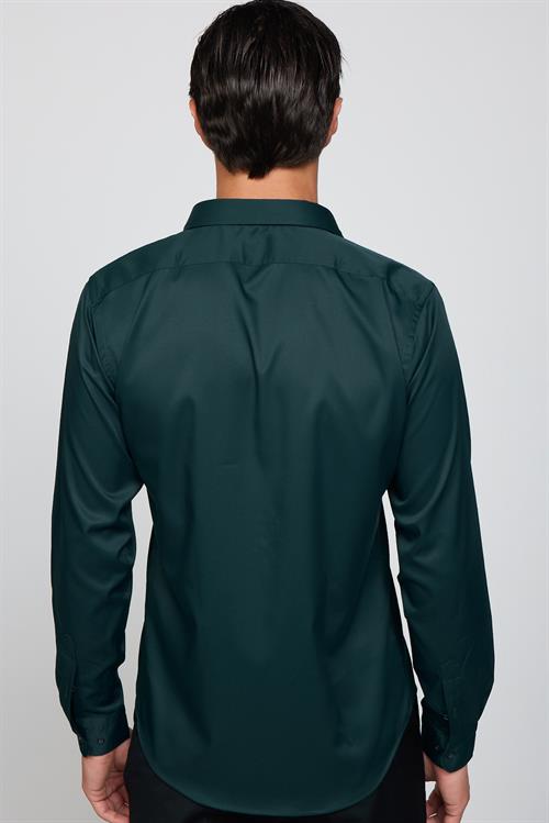 Slim Fit Uzun Kollu Likralı Düz Stretch Yeşil Erkek Gömlek