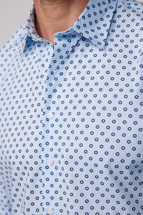 Slim Fit Uzun Kollu Likralı Baskılı Pamuklu Erkek Mavi Gömlek