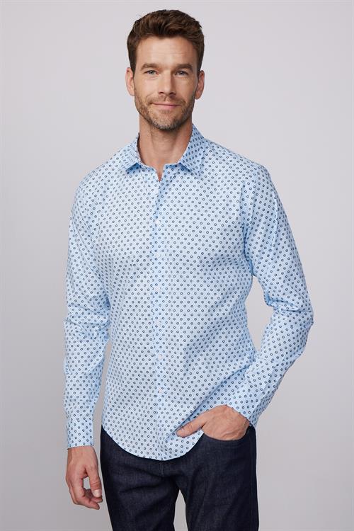 Slim Fit Uzun Kollu Likralı Baskılı Pamuklu Erkek Mavi Gömlek
