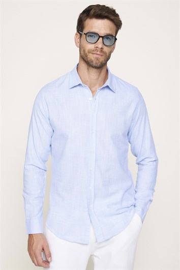 Erkek Slim Fit Dar Kesim Uzun Kollu %100 Pamuk Keten Doku Düz Mavi Gömlek