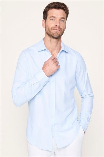 Erkek Slim Fit Dar Kesim Uzun Kollu %100 Pamuk Keten Doku Düz Mavi Gömlek