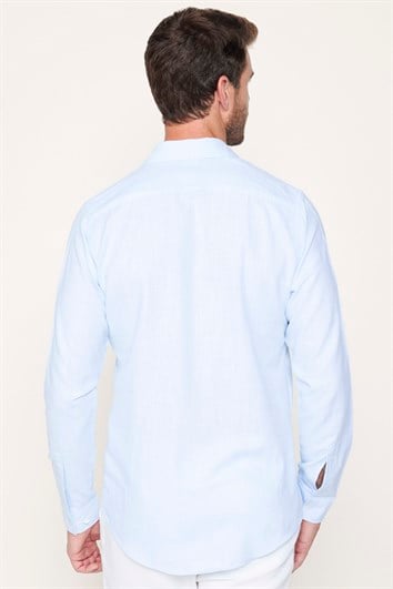 Erkek Slim Fit Dar Kesim Uzun Kollu %100 Pamuk Keten Doku Düz Mavi Gömlek