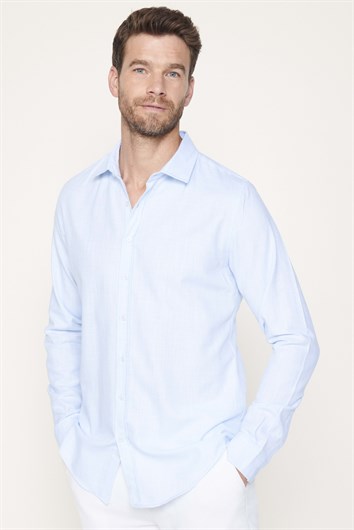 Erkek Slim Fit Dar Kesim Uzun Kollu %100 Pamuk Keten Doku Düz Mavi Gömlek