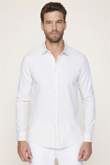 Erkek Slim Fit Dar Kesim Uzun Kollu %100 Pamuk Keten Doku Düz Sarı Gömlek