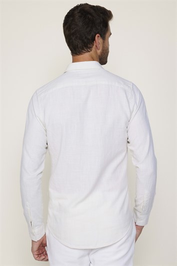 Erkek Slim Fit Dar Kesim Uzun Kollu %100 Pamuk Keten Doku Düz Sarı Gömlek