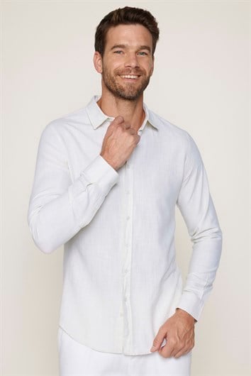 Erkek Slim Fit Dar Kesim Uzun Kollu %100 Pamuk Keten Doku Düz Sarı Gömlek