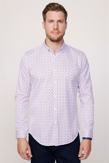Slim Fit Uzun Kollu Düğmeli Yaka Baskılı Yaka Biyeli Gömlek