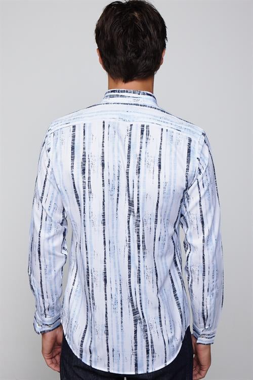Slim Fit Uzun Kollu Düğmeli Yaka Baskılı Yaka Biyeli Gömlek