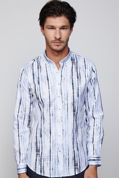 Slim Fit Uzun Kollu Düğmeli Yaka Baskılı Yaka Biyeli Gömlek