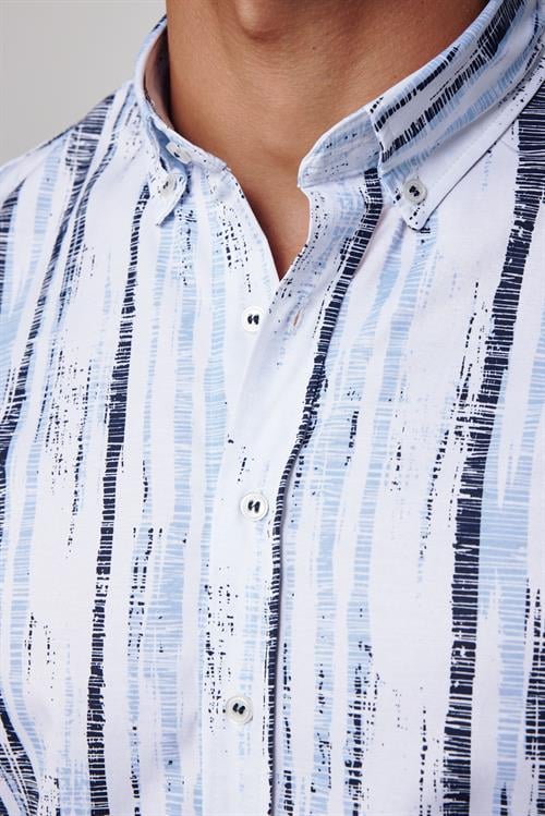 Slim Fit Uzun Kollu Düğmeli Yaka Baskılı Yaka Biyeli Gömlek