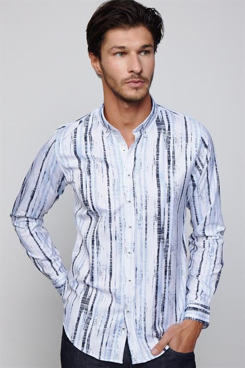 Slim Fit Uzun Kollu Düğmeli Yaka Baskılı Yaka Biyeli Gömlek