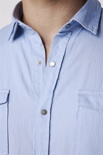 Slim Fit Uzun Kollu Çift Cep Çıtçıtlı Denim Kot Erkek Mavi Gömlek