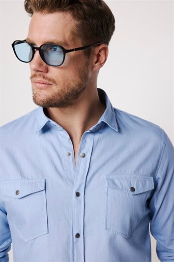 Slim Fit Uzun Kollu Çift Cep Çıtçıtlı Denim Kot Erkek Mavi Gömlek