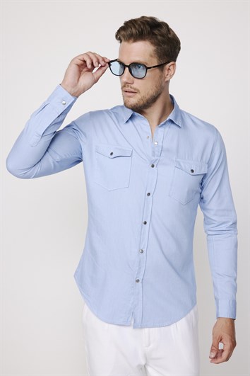 Slim Fit Uzun Kollu Çift Cep Çıtçıtlı Denim Kot Erkek Mavi Gömlek