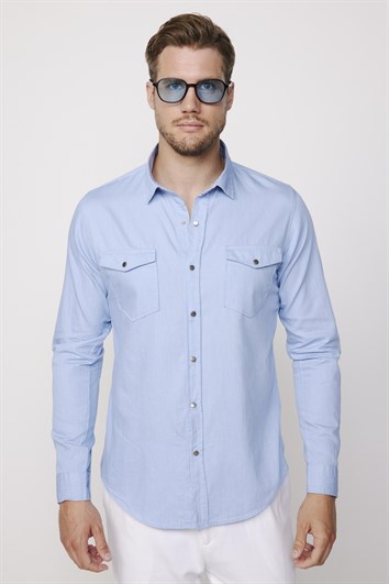 Slim Fit Uzun Kollu Çift Cep Çıtçıtlı Denim Kot Erkek Mavi Gömlek