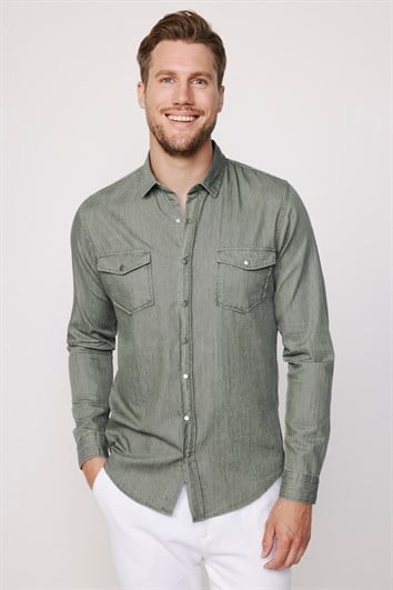 Slim Fit Uzun Kollu Çift Cep Çıtçıtlı Denim Kot Erkek Haki Gömlek