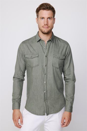 Slim Fit Uzun Kollu Çift Cep Çıtçıtlı Denim Kot Erkek Haki Gömlek