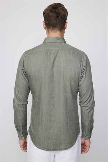 Slim Fit Uzun Kollu Çift Cep Çıtçıtlı Denim Kot Erkek Haki Gömlek
