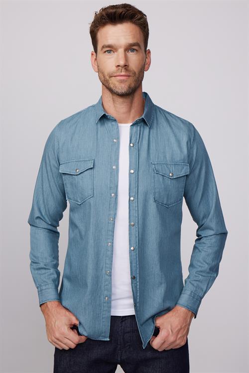 Slim Fit Uzun Kollu Çift Cep Çıtçıtlı Denim Kot Petrol Rengi Erkek Gömlek