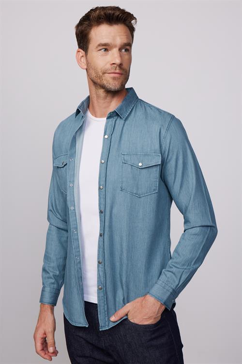 Slim Fit Uzun Kollu Çift Cep Çıtçıtlı Denim Kot Petrol Rengi Erkek Gömlek