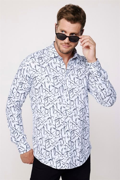 Slim Fit Uzun Kollu Likralı Baskılı Erkek Gömlek
