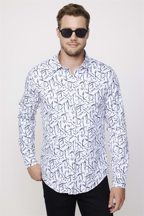 Slim Fit Uzun Kollu Likralı Baskılı Erkek Gömlek