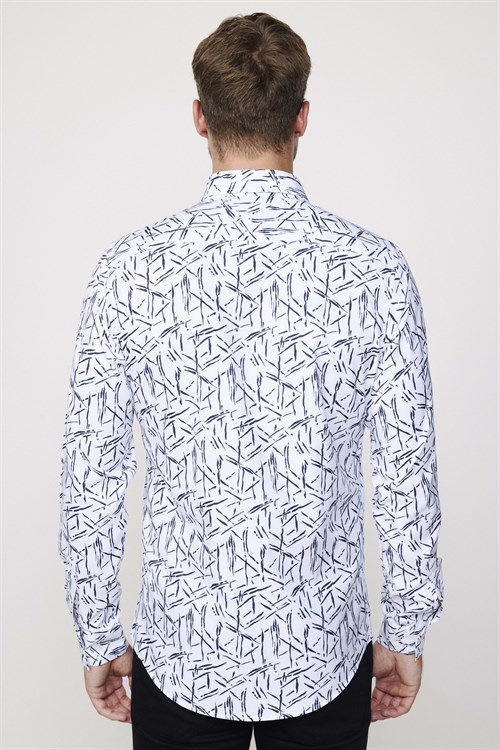 Slim Fit Uzun Kollu Likralı Baskılı Erkek Gömlek