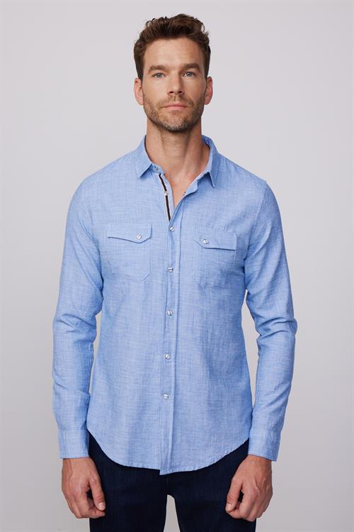 Erkek Slim Fit Dar Kesim Uzun Kollu %100 Pamuk Keten Doku Çift Cep Biyeli Mavi Gömlek