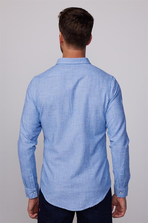 Erkek Slim Fit Dar Kesim Uzun Kollu %100 Pamuk Keten Doku Çift Cep Biyeli Mavi Gömlek