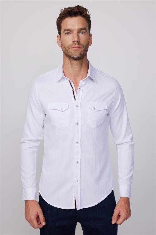 Erkek Slim Fit Dar Kesim Uzun Kollu %100 Pamuk Keten Doku Çift Cep Biyeli Beyaz Gömlek