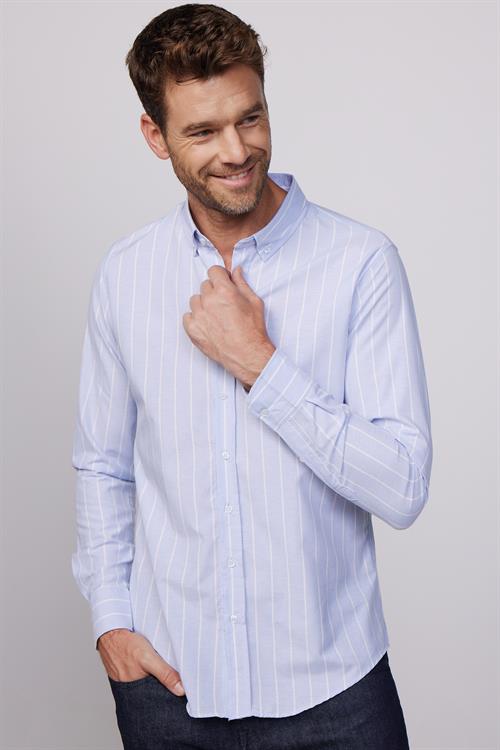 Slim Fit Uzun Kollu Düğmeli Yaka Çizgili Yumuşak Dokulu Pamuklu Erkek Gömlek
