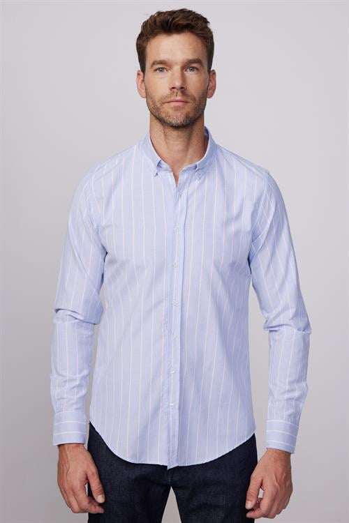 Slim Fit Uzun Kollu Düğmeli Yaka Çizgili Yumuşak Dokulu Pamuklu Erkek Gömlek
