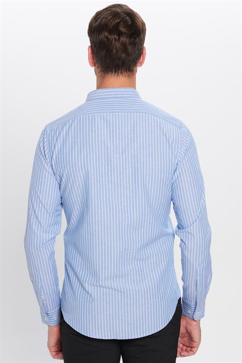 Slim Fit Uzun Kollu Düğmeli Yaka Çizgili Yumuşak Dokulu Pamuklu Erkek Gömlek