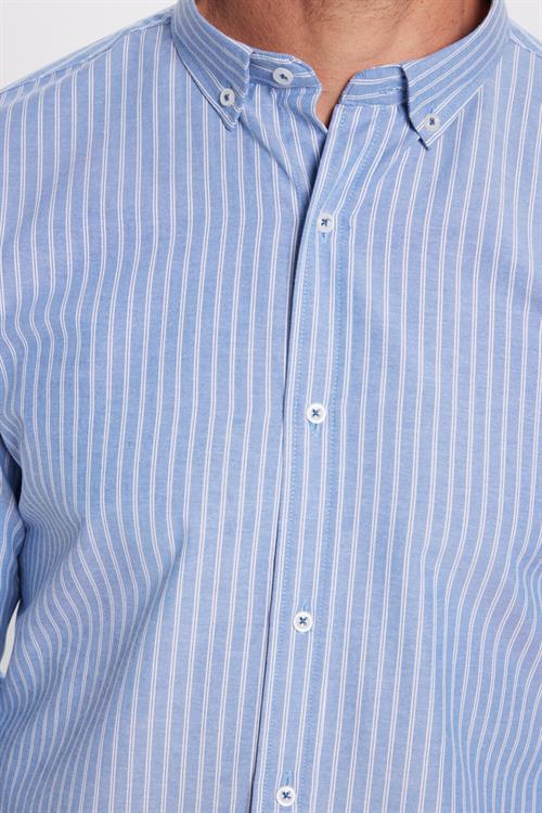 Slim Fit Uzun Kollu Düğmeli Yaka Çizgili Yumuşak Dokulu Pamuklu Erkek Gömlek