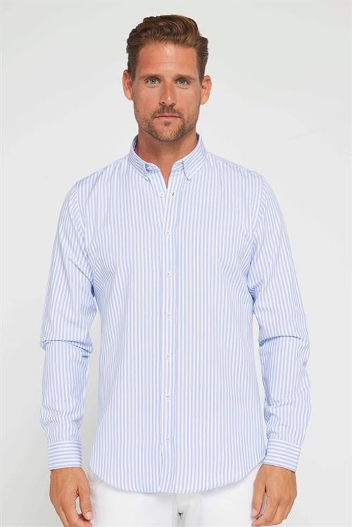 Slim Fit Uzun Kollu Düğmeli Yaka Çizgili Yumuşak Dokulu Pamuklu Erkek Gömlek