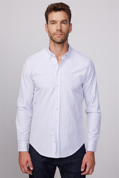 Slim Fit Uzun Kollu Düğmeli Yaka Çizgili Yumuşak Dokulu Pamuklu Erkek Gömlek