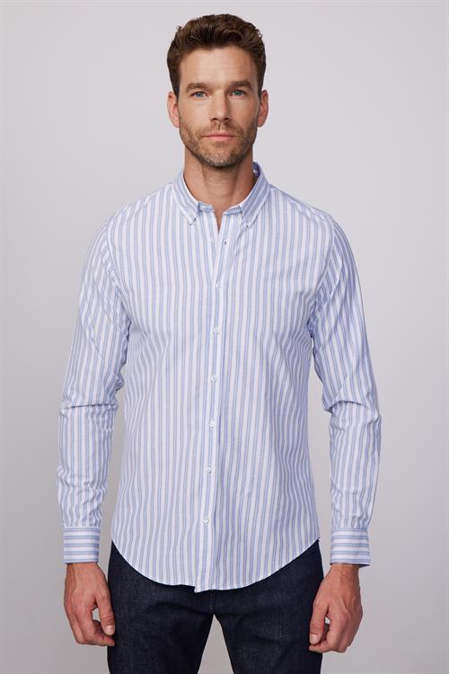 Slim Fit Uzun Kollu Düğmeli Yaka Çizgili Yumuşak Dokulu Pamuklu Erkek Gömlek