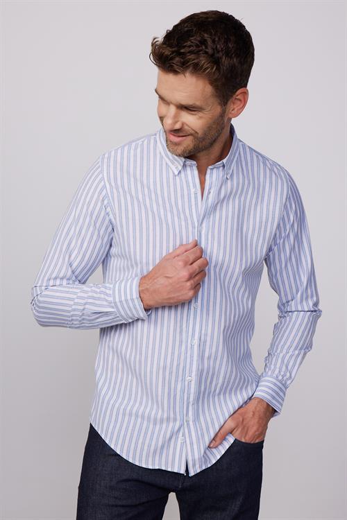 Slim Fit Uzun Kollu Düğmeli Yaka Çizgili Yumuşak Dokulu Pamuklu Erkek Gömlek
