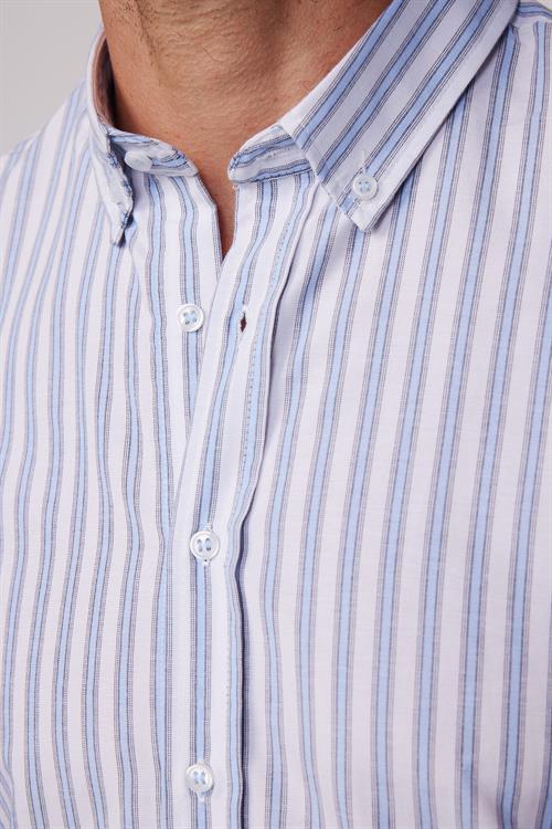 Slim Fit Uzun Kollu Düğmeli Yaka Çizgili Yumuşak Dokulu Pamuklu Erkek Gömlek