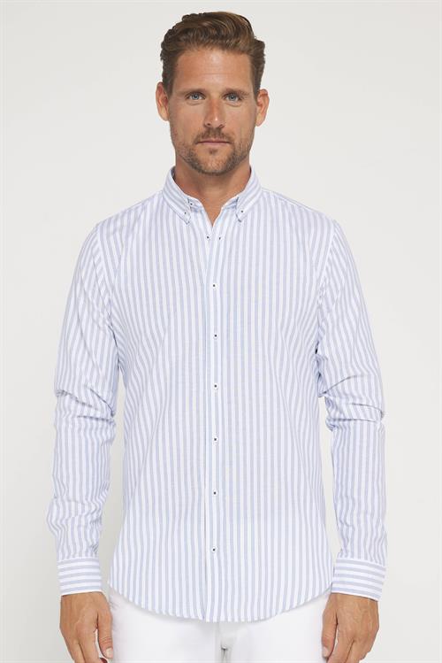 Slim Fit Uzun Kollu Düğmeli Yaka Çizgili Yumuşak Dokulu Pamuklu Erkek Gömlek